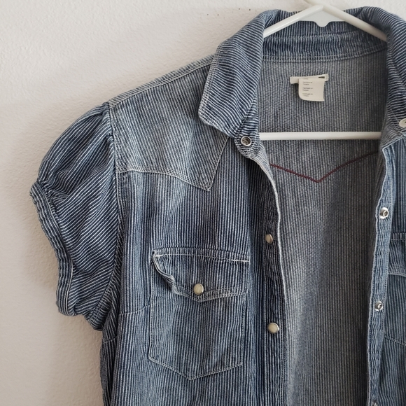 Levi's Blue Stripe Dress Denim Snap Button - Picture 2 of 5